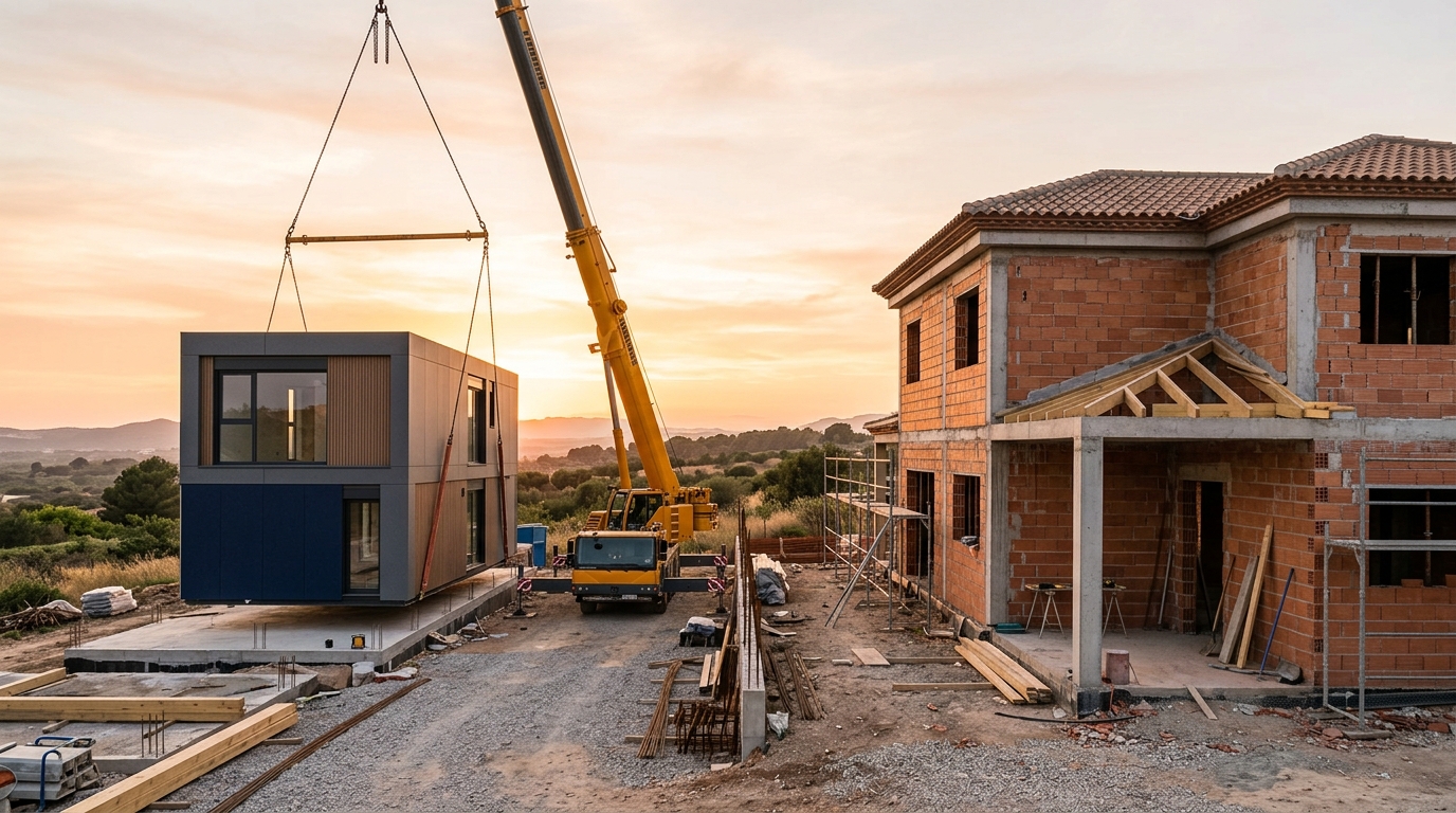 Módulo de vivienda prefabricada elevado por una grúa junto a una casa de ladrillo en construcción al atardecer