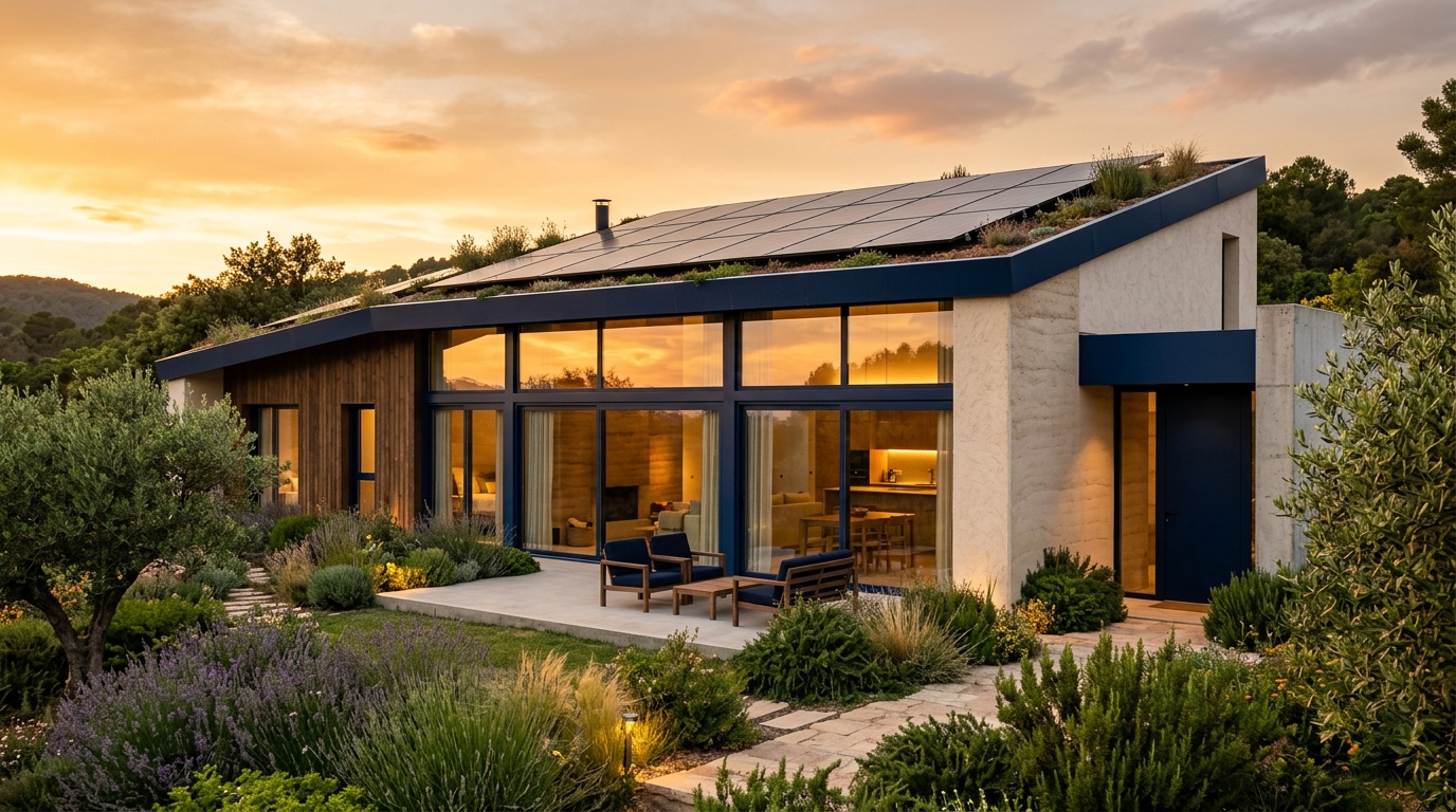 Casa unifamiliar eficiente con placas solares y grandes ventanales al atardecer
