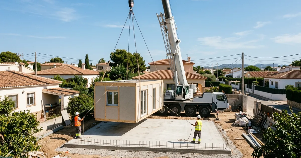 Módulo de una vivienda prefabricada suspendido de una grúa sobre la cimentación de una parcela