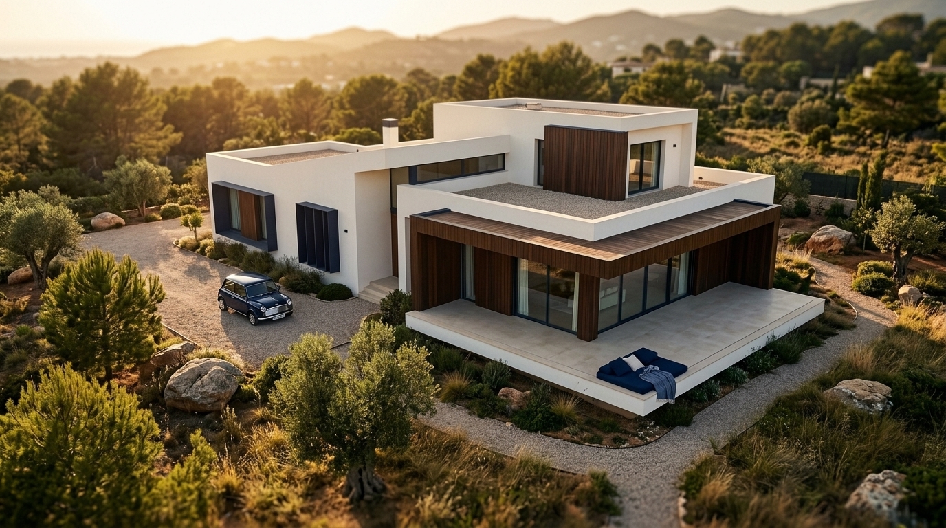 Vivienda unifamiliar moderna española vista desde el aire al atardecer