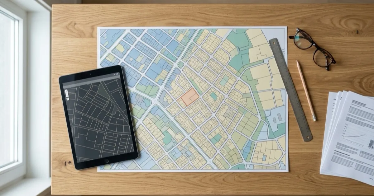 Plano urbanístico de una parcela sobre una mesa junto a una tablet con un visor catastral