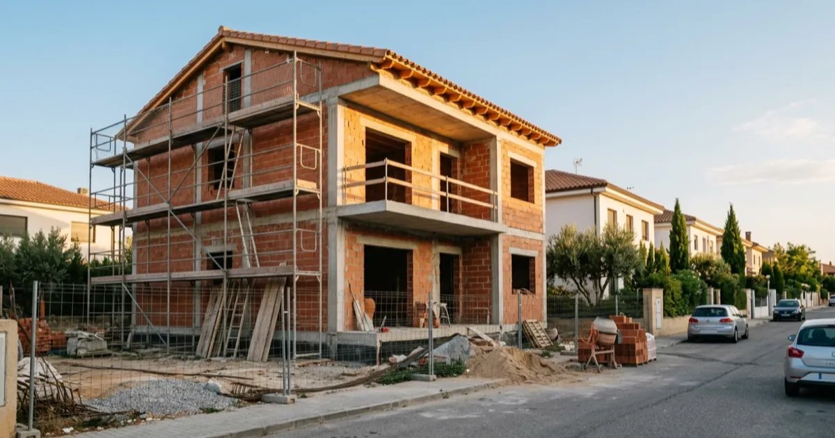 Vivienda unifamiliar de dos plantas en construcción en una calle residencial de la periferia de Madrid
