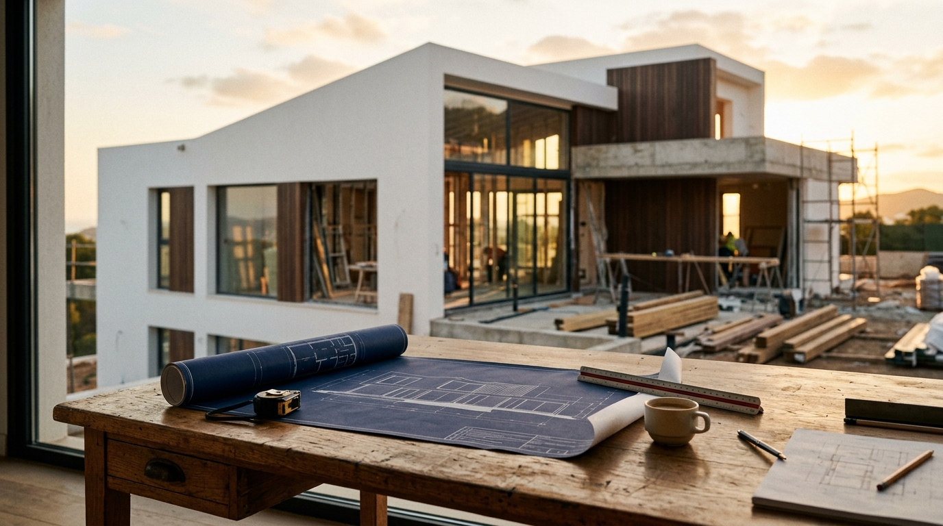 Mesa de arquitecto con planos de vivienda unifamiliar y casa moderna al fondo
