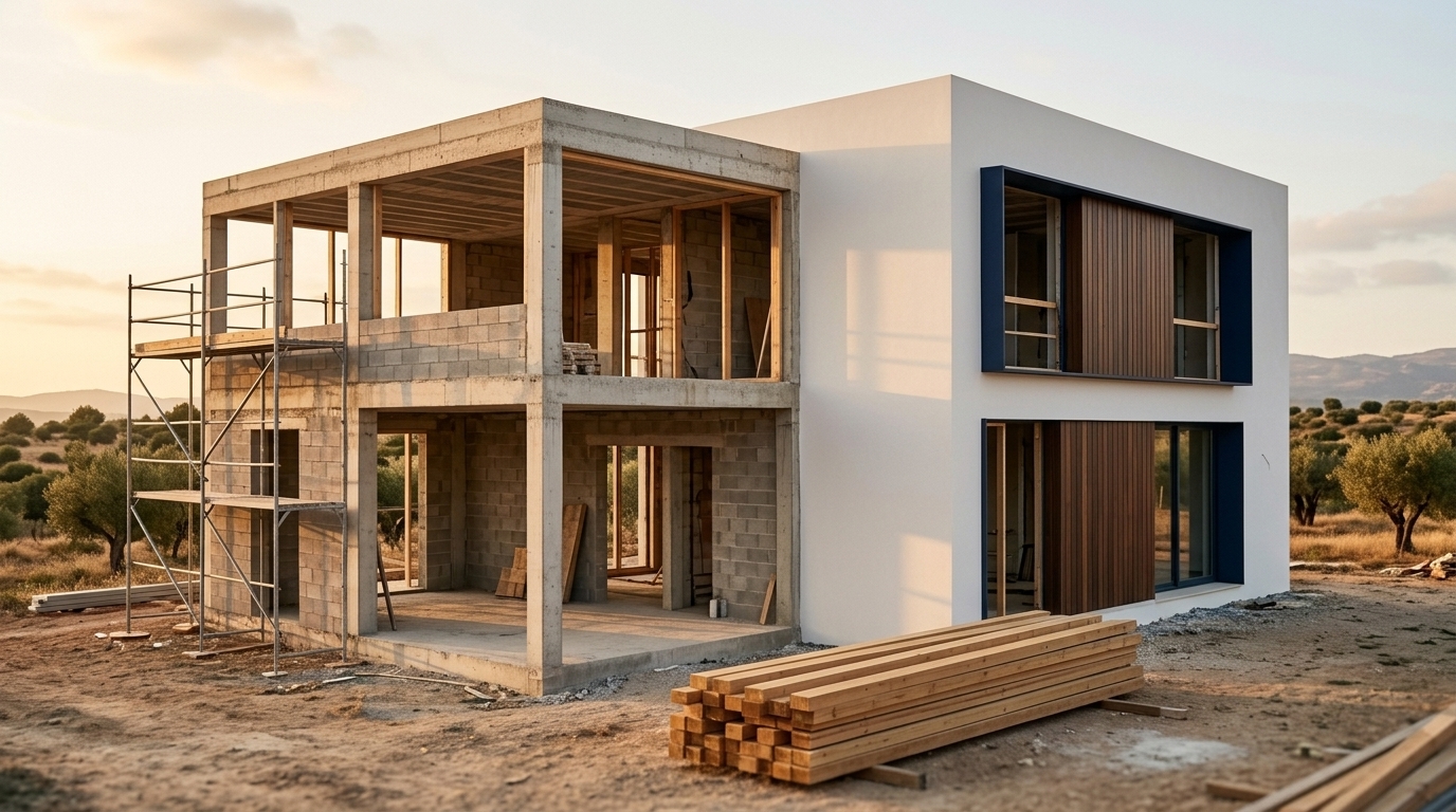 Vivienda unifamiliar en fase intermedia de construcción al atardecer