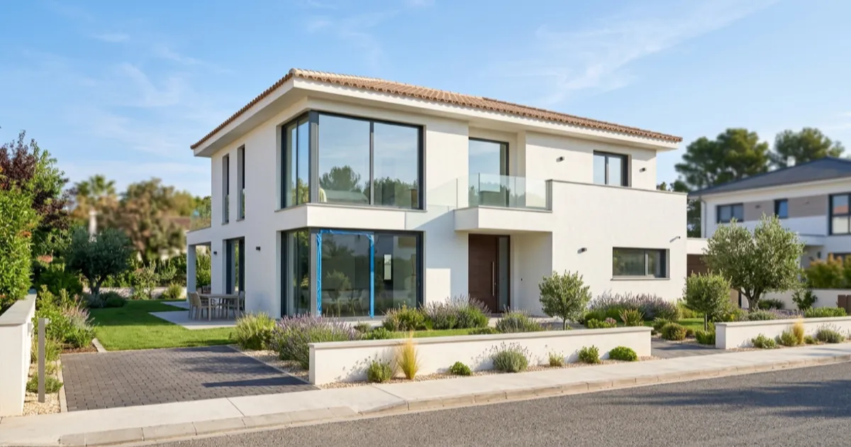 Vivienda unifamiliar de obra nueva recién terminada con fachada blanca y jardín