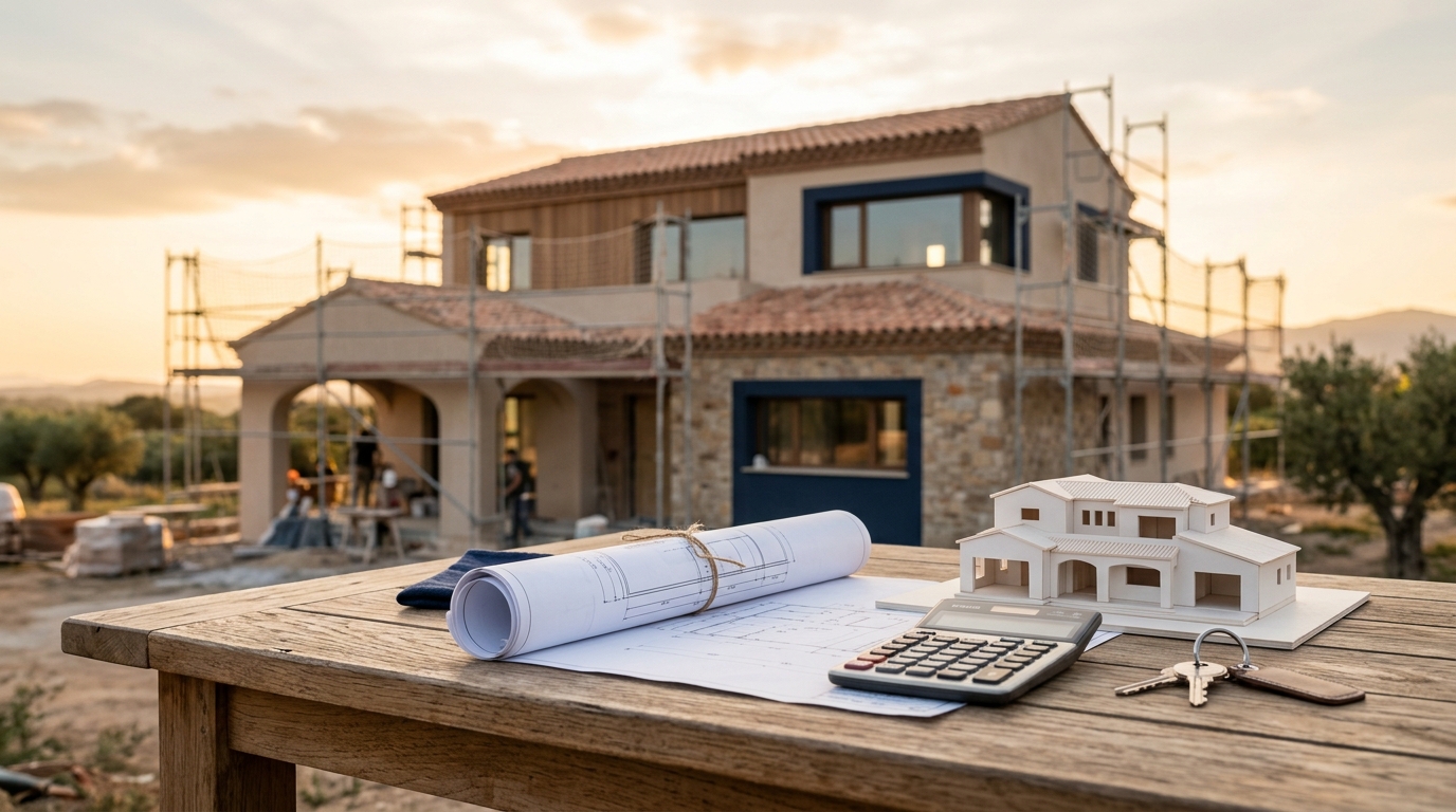 Mesa con planos, calculadora y maqueta frente a una casa en construcción