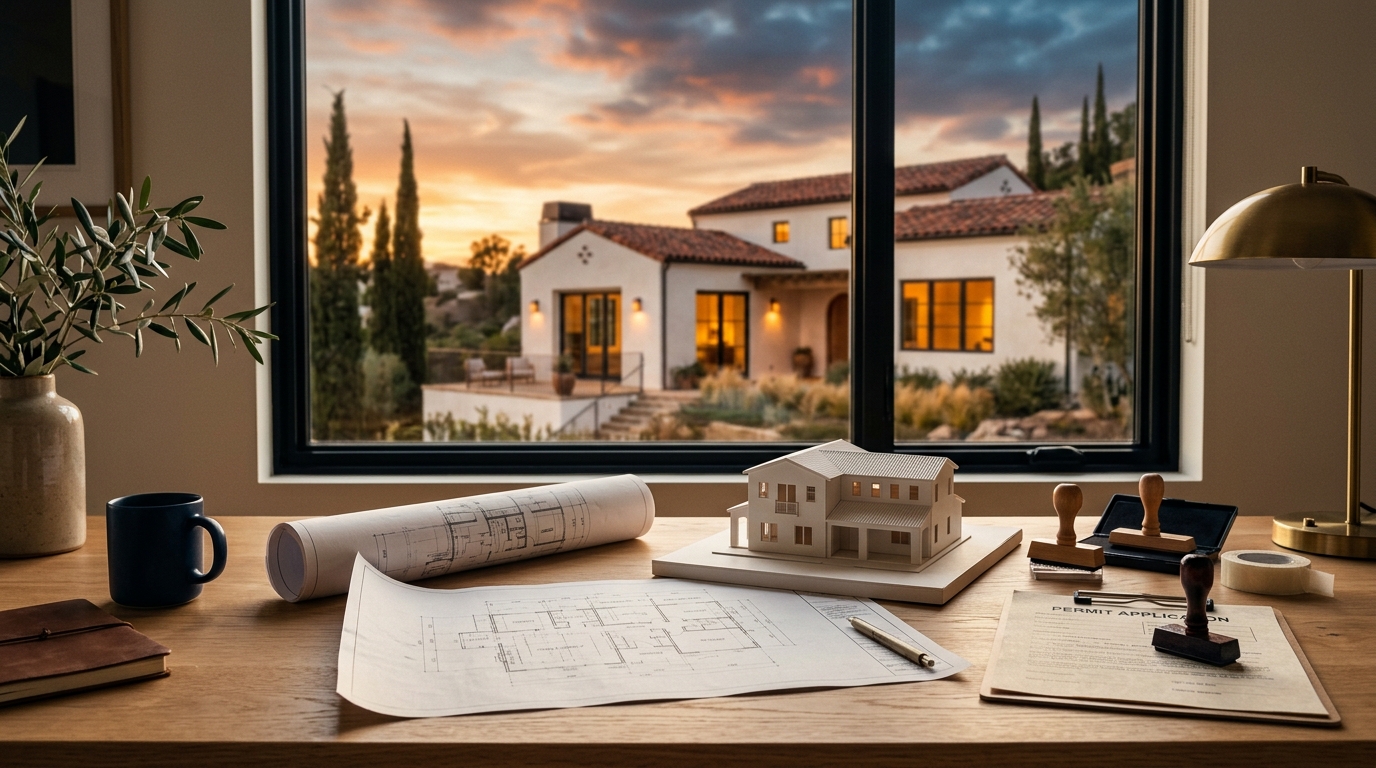 Mesa con licencia de obra, sellos y planos de una vivienda unifamiliar, con una casa moderna al fondo