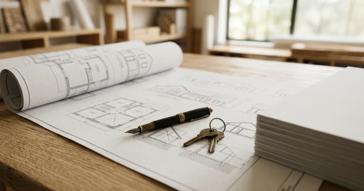 Planos de una vivienda unifamiliar sobre una mesa con una pluma y unas llaves