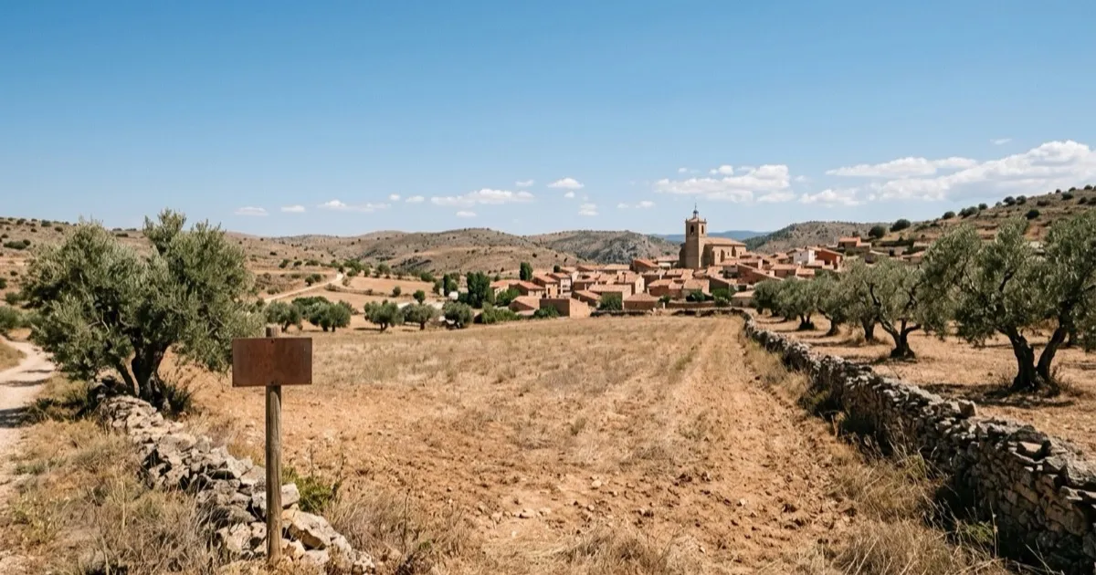 Parcela de suelo rústico con olivos y una valla de piedra, con un pueblo español al fondo