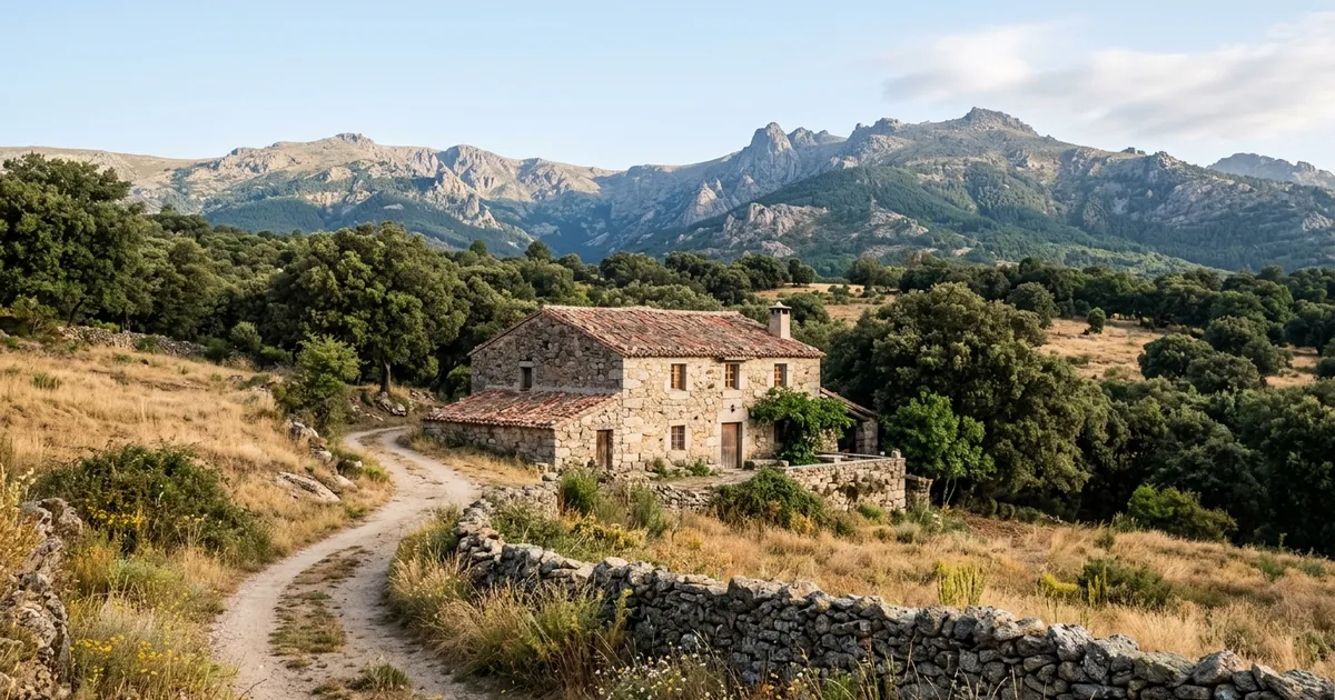 Casa de piedra en una finca rústica de la sierra de Madrid, con encinas y un camino de tierra