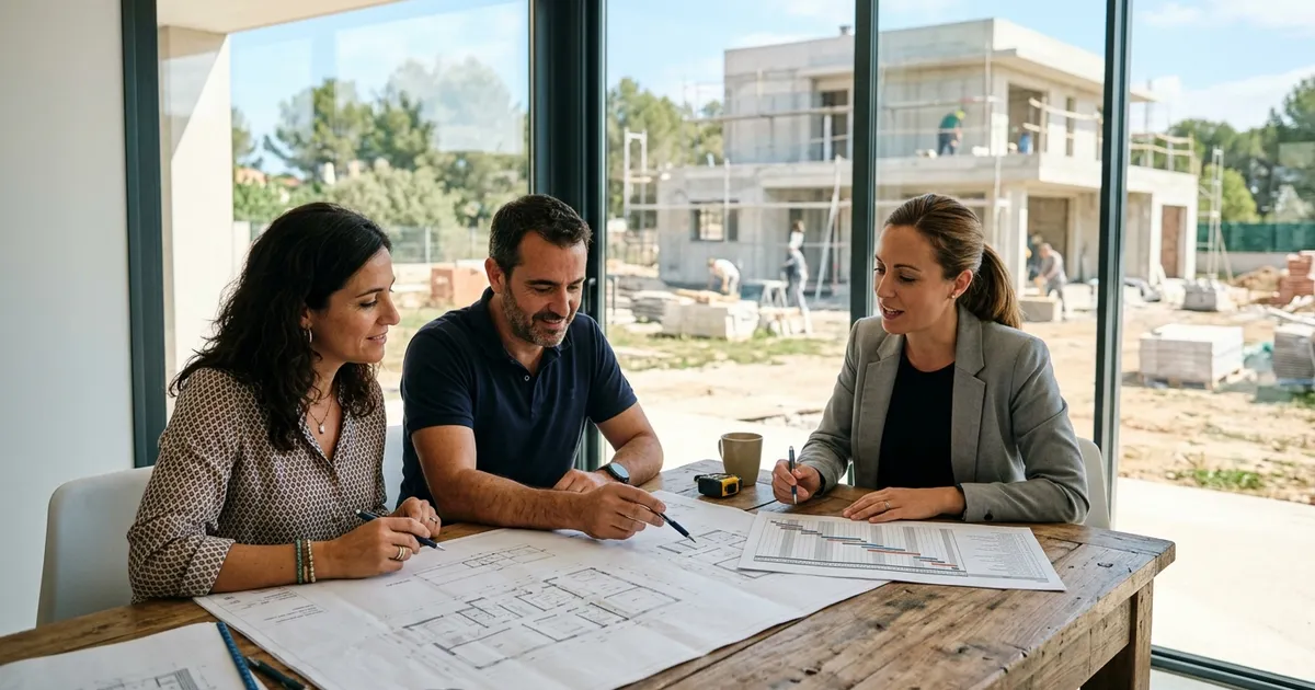 Propietarios y un coordinador de proyecto revisando planos y un calendario de obra junto a una vivienda en construcción