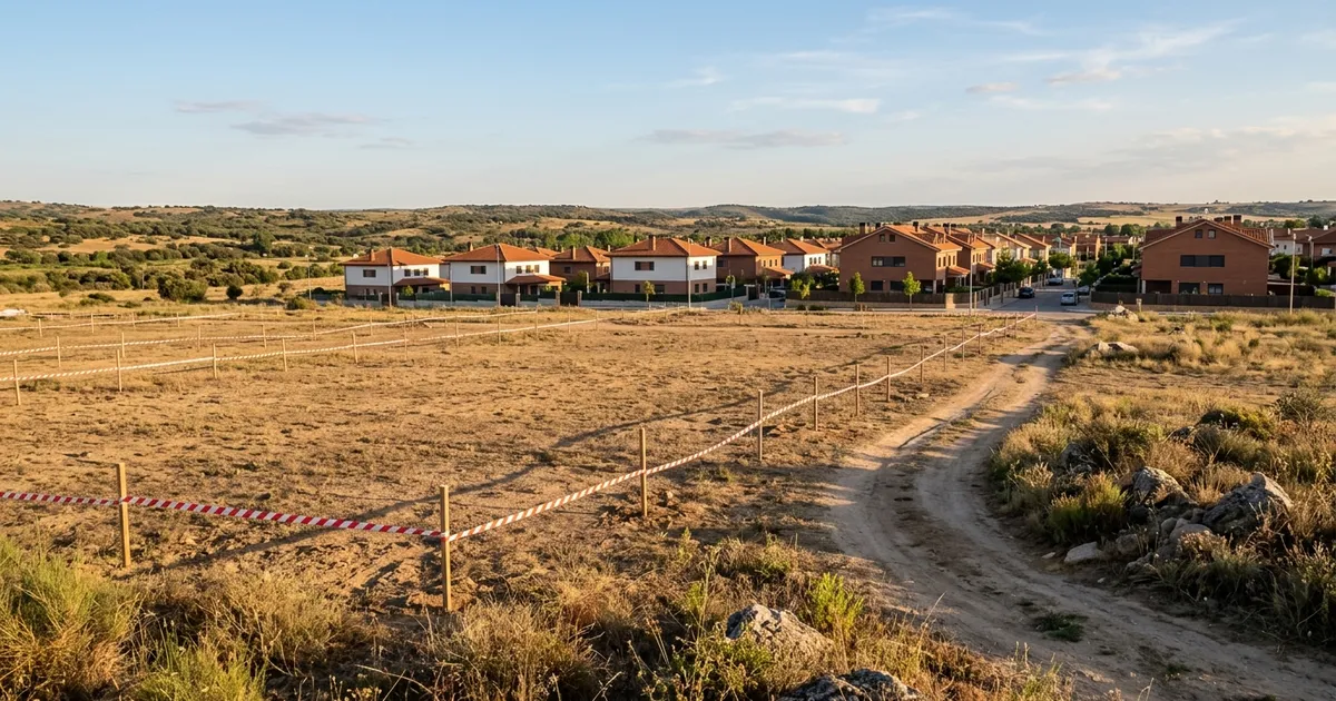 Terrenos sin urbanizar con estacas de replanteo en el borde de un municipio de la Comunidad de Madrid, con viviendas al fondo