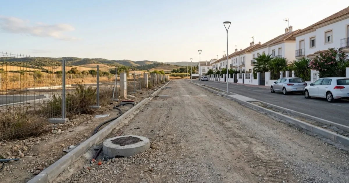Calle a medio urbanizar en el borde de una ciudad española, con parcelas vacías y viviendas al fondo