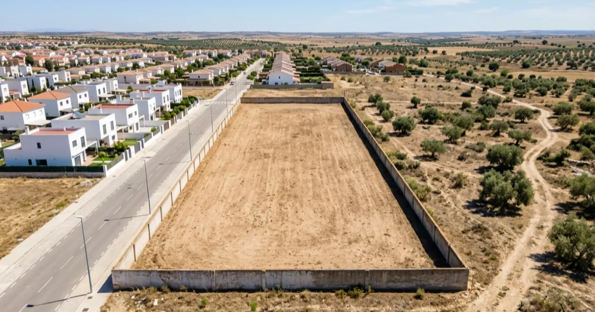 Vista aérea de una parcela vacía entre una urbanización de viviendas y campo de olivos